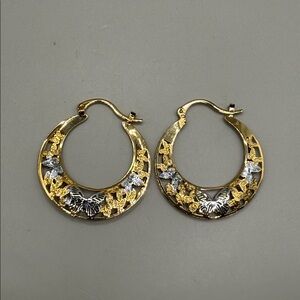 Vintage Gold and Silver Tone Filigree Butterfly Hoop Dangle Drop Earrings